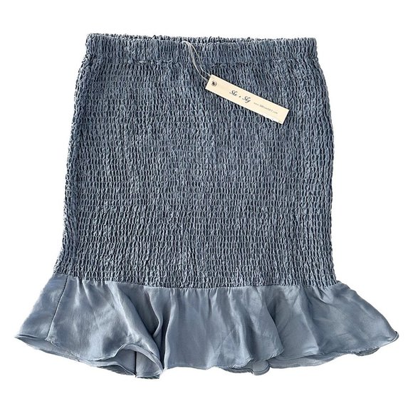 She and Sky Dresses & Skirts - SHE + SKY Dusty Blue Satin Smocked Skirt with Ruffle Hem - Size Medium